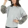 12PM Tops Heather Grey Knit Top With Camo Print And Sequin Long Sleeve