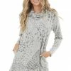 First Love Heather Grey Leopard Print Cowl Neck Dress With Pockets