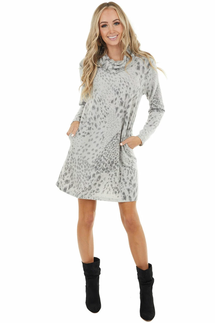 First Love Heather Grey Leopard Print Cowl Neck Dress With Pockets 4 First Love Heather Grey Leopard Print Cowl Neck Dress With Pockets
