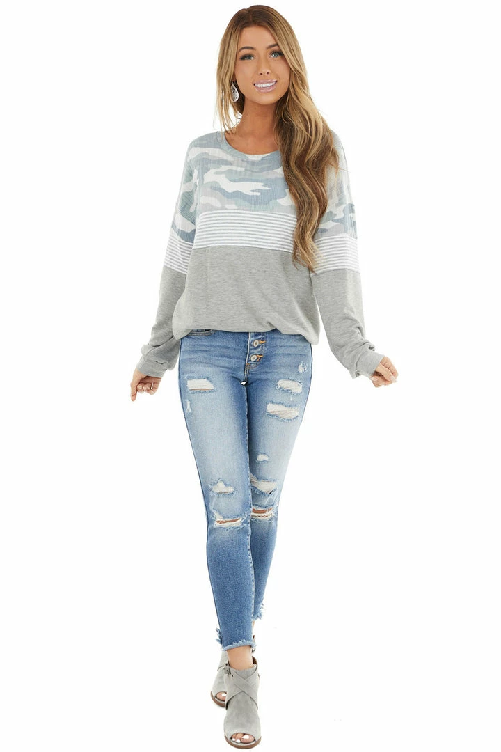 Vanilla Bay Tops Heather Grey Multiprint Long Sleeve Knit Top With Wide Neck 6 Vanilla Bay Tops Heather Grey Multiprint Long Sleeve Knit Top With Wide Neck