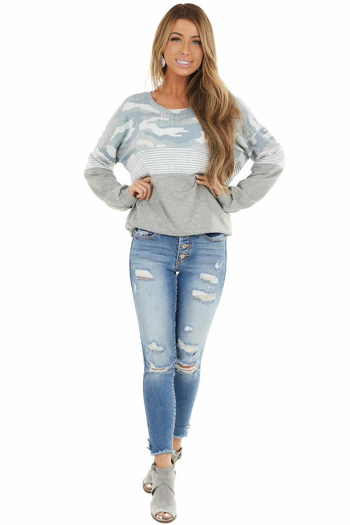 Vanilla Bay Tops Heather Grey Multiprint Long Sleeve Knit Top With Wide Neck 7 Vanilla Bay Tops Heather Grey Multiprint Long Sleeve Knit Top With Wide Neck