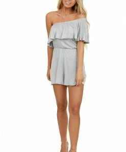 EG Fashion Heather Grey Off Shoulder Romper With Ruffle Overlay Detail Dresses