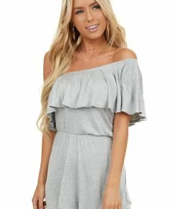 EG Fashion Heather Grey Off Shoulder Romper With Ruffle Overlay Detail Dresses