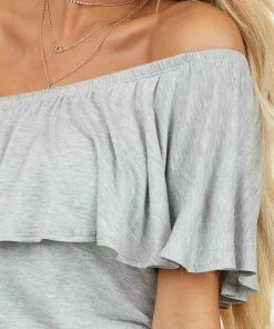 EG Fashion Heather Grey Off Shoulder Romper With Ruffle Overlay Detail Dresses
