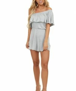 EG Fashion Heather Grey Off Shoulder Romper With Ruffle Overlay Detail Dresses