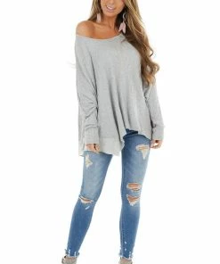 Kye Mi Heather Grey Oversized Thermal Knit Long Sleeve Top