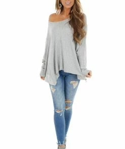 Kye Mi Heather Grey Oversized Thermal Knit Long Sleeve Top