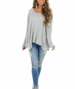 Kye Mi Heather Grey Oversized Thermal Knit Long Sleeve Top