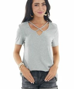 Lime 'N' Chili Heather Grey Ribbed Knit Top With Geometric Neckline