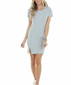 Entro Heather Grey Short Sleeve Mini Dress With Textured Stripes Dresses