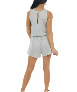 Lime Lush Heather Grey Sleeveless Criss Cross Halter Neck Knit Romper Dresses 24 Lime Lush Heather Grey Sleeveless Criss Cross Halter Neck Knit Romper Dresses