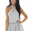 Lime Lush Heather Grey Sleeveless Criss Cross Halter Neck Knit Romper Dresses