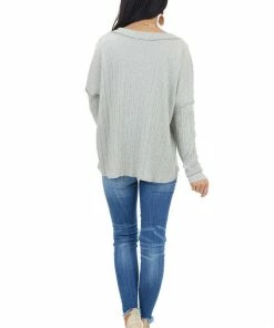 12PM Heather Grey Variegated Ribbed Knit Long Sleeve V Neck Top Tops