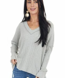 12PM Heather Grey Variegated Ribbed Knit Long Sleeve V Neck Top Tops