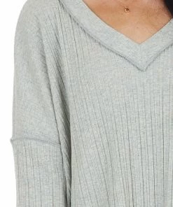 12PM Heather Grey Variegated Ribbed Knit Long Sleeve V Neck Top Tops