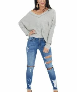 12PM Heather Grey Variegated Ribbed Knit Long Sleeve V Neck Top Tops