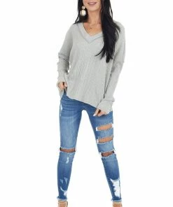 12PM Heather Grey Variegated Ribbed Knit Long Sleeve V Neck Top Tops