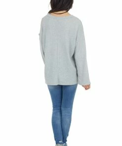143 Story Heather Grey Waffle Knit Long Sleeve Top With Cold Shoulder Tops