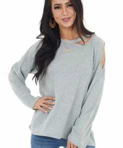 143 Story Heather Grey Waffle Knit Long Sleeve Top With Cold Shoulder Tops