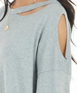 143 Story Heather Grey Waffle Knit Long Sleeve Top With Cold Shoulder Tops