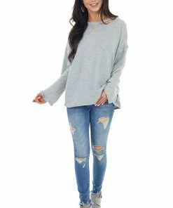 143 Story Heather Grey Waffle Knit Long Sleeve Top With Cold Shoulder Tops