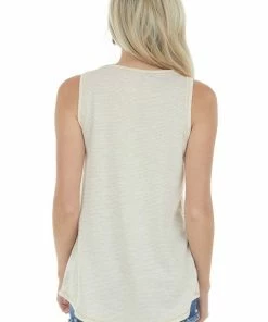 Staccato Heathered Beige Striped Chest Pocket Tank Top