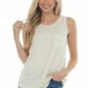 Staccato Heathered Beige Striped Chest Pocket Tank Top 1 Staccato Heathered Beige Striped Chest Pocket Tank Top