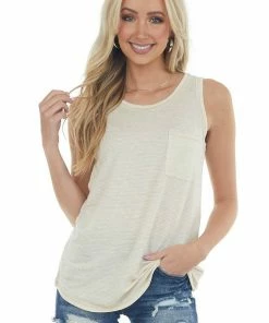 Staccato Heathered Beige Striped Chest Pocket Tank Top