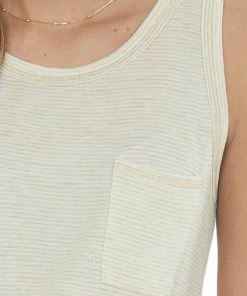 Staccato Heathered Beige Striped Chest Pocket Tank Top
