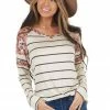 Lovely Melody Heathered Beige Striped Knit Top With Leopard Print Contrast Tops