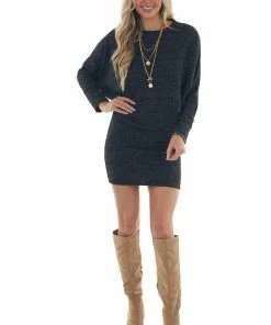 143 Story Heathered Black Blouson Sweater Dress
