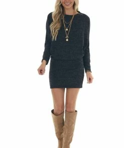 143 Story Heathered Black Blouson Sweater Dress