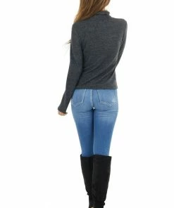 HYFVE Heathered Black Fitted Long Sleeve Top With Turtleneck Tops