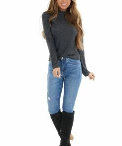 HYFVE Heathered Black Fitted Long Sleeve Top With Turtleneck Tops
