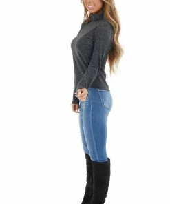 HYFVE Heathered Black Fitted Long Sleeve Top With Turtleneck Tops