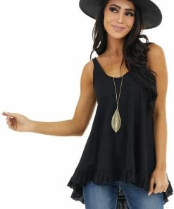 ANGIE Heathered Black Knit Tank Top With Ruffle And Lace Details