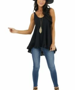 ANGIE Heathered Black Knit Tank Top With Ruffle And Lace Details