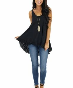ANGIE Heathered Black Knit Tank Top With Ruffle And Lace Details