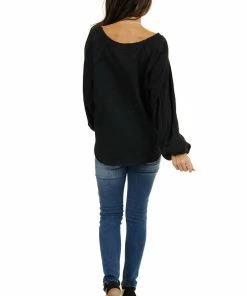 Umgee Tops Heathered Black Knit Top With Contrast Knit Bubble Sleeves