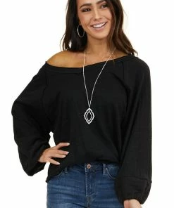 Umgee Tops Heathered Black Knit Top With Contrast Knit Bubble Sleeves