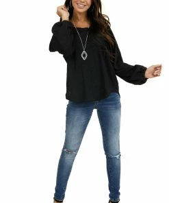 Umgee Tops Heathered Black Knit Top With Contrast Knit Bubble Sleeves