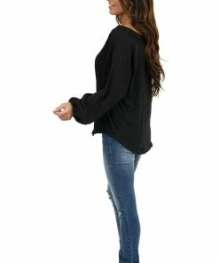 Umgee Tops Heathered Black Knit Top With Contrast Knit Bubble Sleeves