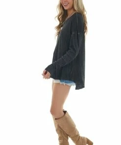 Umgee Heathered Black Knit Top With Ribbed Knit Details 23 Umgee Heathered Black Knit Top With Ribbed Knit Details