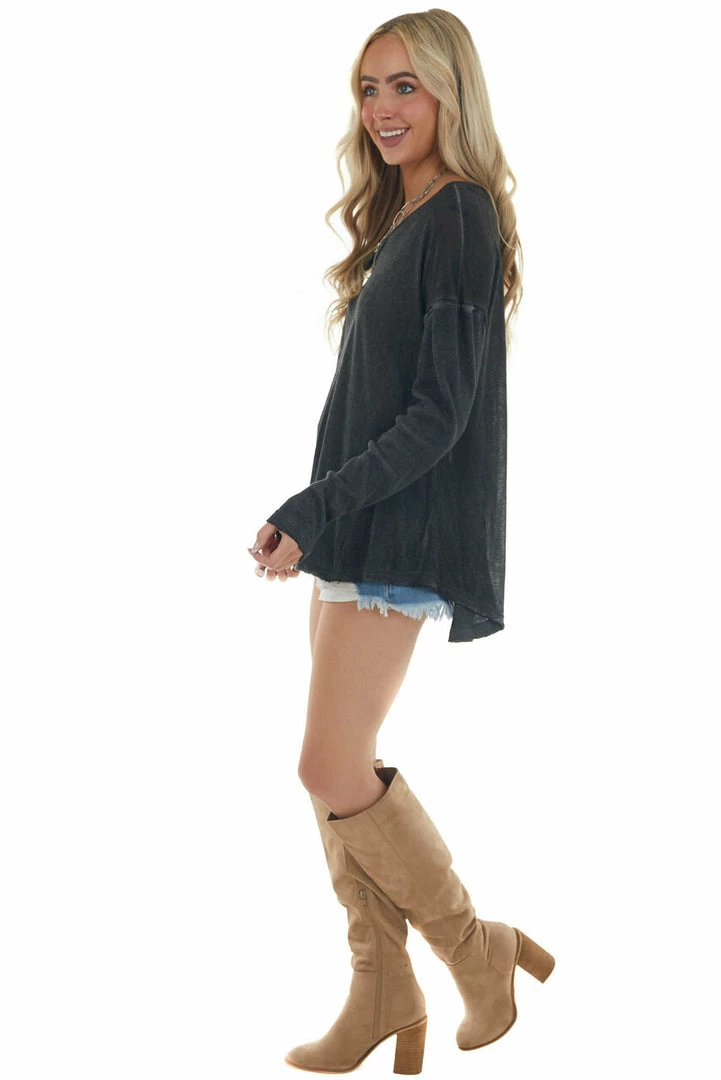 Umgee Heathered Black Knit Top With Ribbed Knit Details 8 Umgee Heathered Black Knit Top With Ribbed Knit Details