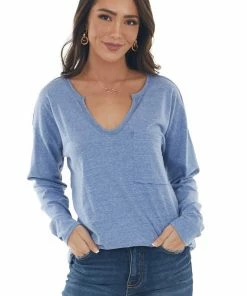 BiBi Tops Heathered Blue Notch Neck Chest Pocket Top