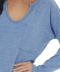 BiBi Tops Heathered Blue Notch Neck Chest Pocket Top 25 BiBi Tops Heathered Blue Notch Neck Chest Pocket Top
