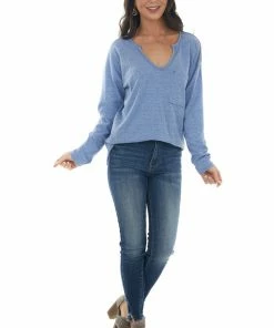 BiBi Tops Heathered Blue Notch Neck Chest Pocket Top 21 BiBi Tops Heathered Blue Notch Neck Chest Pocket Top