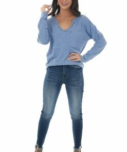 BiBi Tops Heathered Blue Notch Neck Chest Pocket Top 20 BiBi Tops Heathered Blue Notch Neck Chest Pocket Top