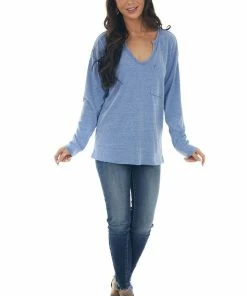 BiBi Tops Heathered Blue Notch Neck Chest Pocket Top 22 BiBi Tops Heathered Blue Notch Neck Chest Pocket Top