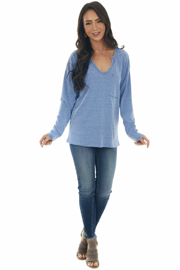 BiBi Tops Heathered Blue Notch Neck Chest Pocket Top 7 BiBi Tops Heathered Blue Notch Neck Chest Pocket Top